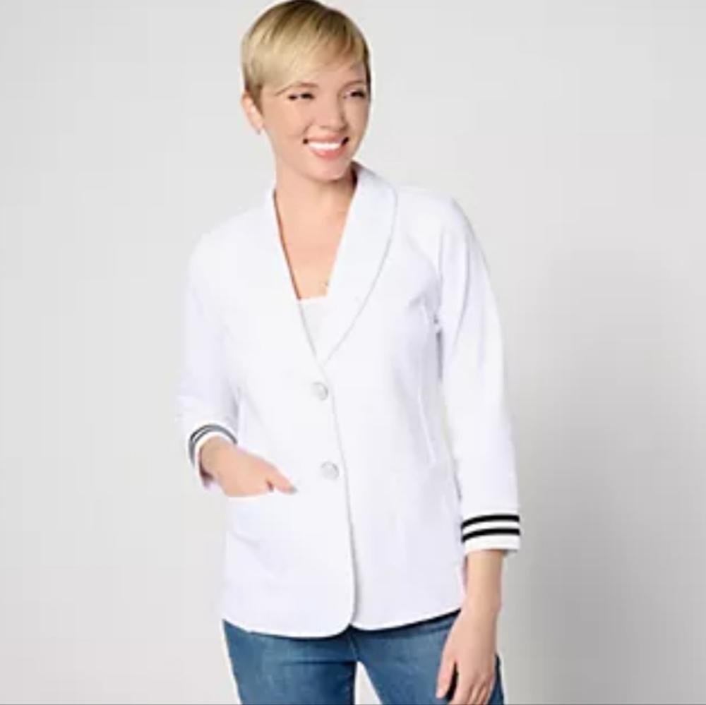 QVC Susan Graver Weekend Marina Knit 3/4 Sleeve Blazer Rib Knit Cuffs Nautical